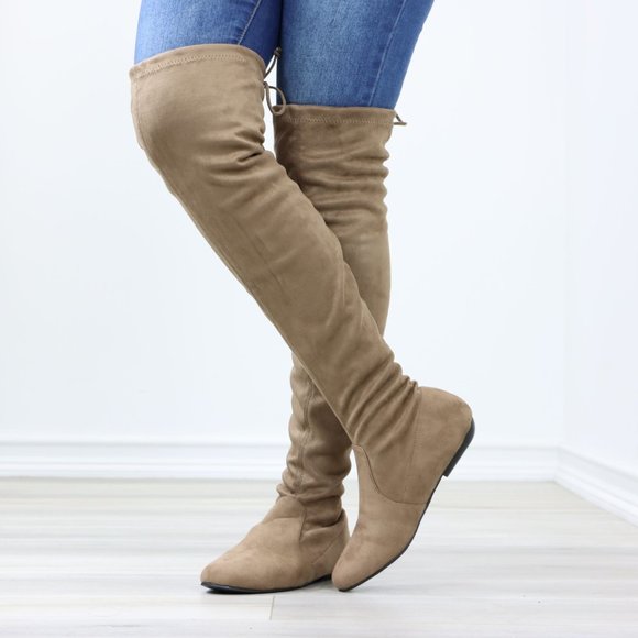 Taupe Thigh High Over The Knee Flat Boots Faux Suede - Picture 10 of 15